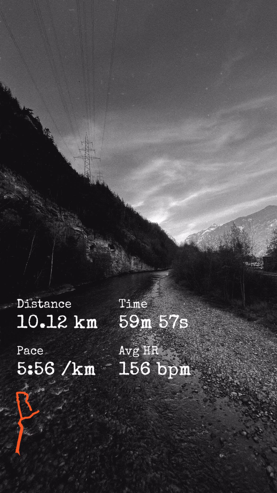 Strava run metrics overlay with Runner preset by a river in greyscale